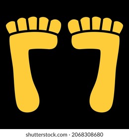 Two stylized funny human feet or bare footprints. Native American motif from Mexican codex. Yellow silhouettes on black background.