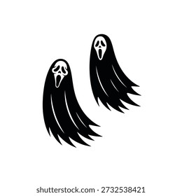 Se muestran dos figuras de fantasmas estilizadas que se asemejan a la máscara de película de grito