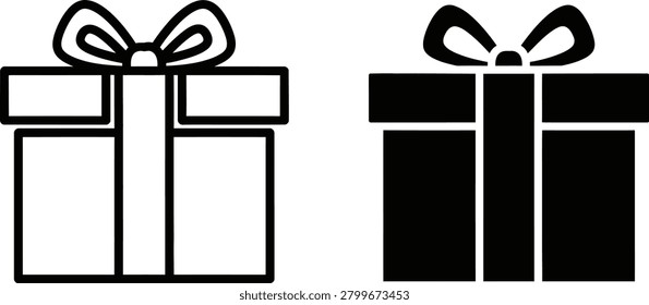 Two stylized gift boxes one outlined and one solid black adorned with bows. Perfect for holiday and special occasion promotions.