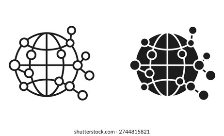 Two stylized globe icons representing a network connection. One is a line art outline, the other a solid fill. Both show interconnected nodes and lines, symbolizing global communication and digital networks.