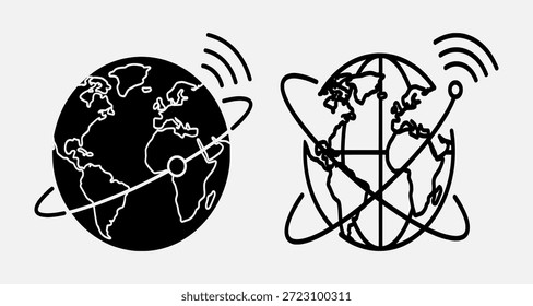 Dos ilustraciones estilizadas de globo con conexiones satelitales, una en blanco y negro, la otra en forma de contorno, ambas rodeadas de satélites en órbita.