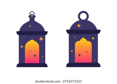 Two stylized glowing Islamic lanterns for Ramadan and Eid celebrations. Flat design illustration with vibrant gradient light and subtle star details. Perfect for festive themes.