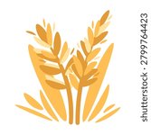 Two stylized golden yellow wheat ears or cereal stalks with blades of grass at the base, vector illustration isolated on transparent background. Cute cartoon design asset for farming mobile games, autumn harvest, and bakery branding.