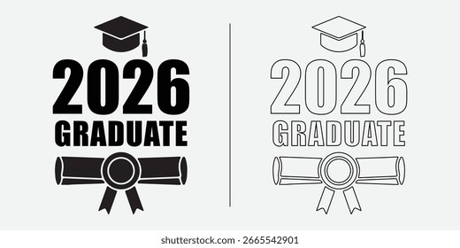 Dos diseños de graduación estilizados para el año 2026. Uno presenta texto y gráficos negros en negrita, el otro un estilo de contorno blanco, ambos con gorras y diplomas, que representan el logro académico y el futuro