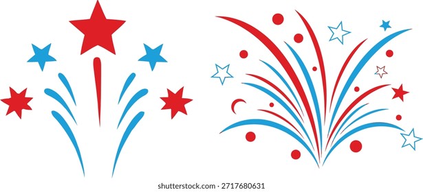 Duas ilustrações gráficas estilizadas retratam rajadas de fogos de artifício abstratas em vermelho e azul, com estrelas circulando e linhas curvas simbolizando feriados nacionais patrióticos como a celebração do 4 de julho.