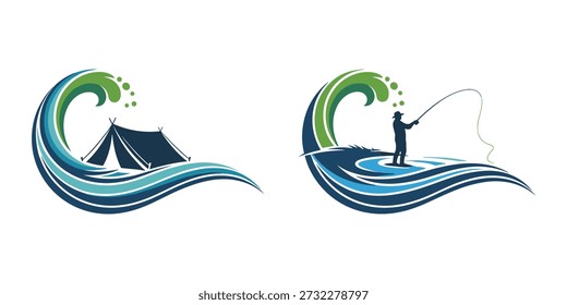 Dois logotipos gráficos estilizados apresentam um design de onda azul e verde proeminente, com o primeiro logotipo representando uma barraca de acampamento e o segundo mostrando uma silhueta de um pescador, ambos transmitindo temas de recreação ao ar livre e atividades aquáticas