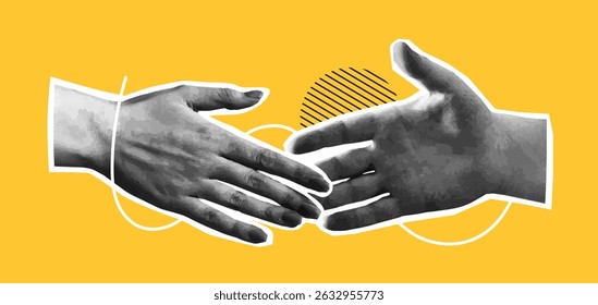 Two stylized grayscale hands reaching to shake against a bright yellow background with abstract shapes, symbolizing greeting, agreement, and cooperation. Vector illustration