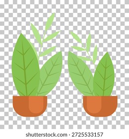 Duas plantas estilizadas em vaso verde com folhas largas em vasos castanhos em terracota, representadas com um fundo transparente em um estilo de arte vetorial plana.