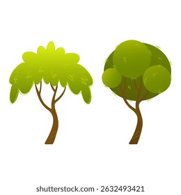Two stylized green trees with curved trunks and different round and clustered foliage shapes on a white background. Flat cartoon illustration. Forest and park concept. Design for banner and poster.
