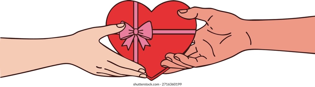 Two stylized hands are depicted in the act of transferring a bright red heart shaped box tied with a pink ribbon symbolizing the gifting of chocolates or a token of deep affection between two people on a special romantic day like valentines or an anniversary creating a visual metaphor for shared love and the emotional exchange of cherished sentiments.