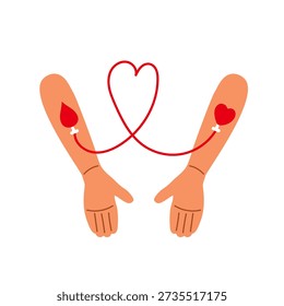 Two stylized hands donor and recipient connected by medical tube with red blood flowing between. Symbol of blood donation, solidarity, lifesaving help. Flat vector illustration for medical campaigns