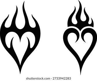 Zwei stilisierte Herzdesigns kombiniert mit Flammen werden in fett schwarzen Silhouetten auf weißem Hintergrund präsentiert, die Leidenschaft und Liebe symbolisieren, sodass sie perfekt für Tattoo-Designs oder grafische Illustrationen sind, die ein eindrucksvolles und einzigartiges visuelles Element erfordern.