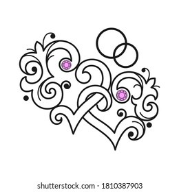 Dos corazones estilizados. Gráficos de línea blanca y negra. Símbolo del matrimonio. Ilustración vectorial.