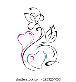 two stylized hearts with flower, leaves and swirls in colored lines on a white background