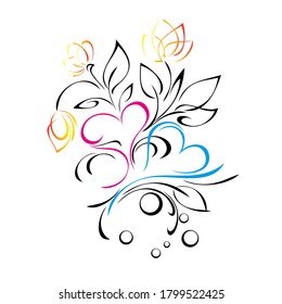 two stylized hearts with flowers, leaves and swirls in colored lines on a white background