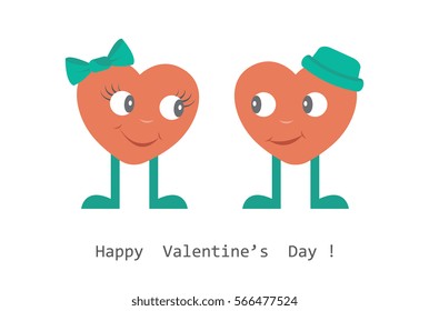 Two stylized hearts with legs and eyes. Greeting card Happy Valentine's Day.