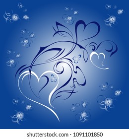 two stylized hearts on a blue background with ornament