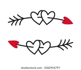 Two stylized hearts pierced by arrow doodle flat style love isolated icon symbol of love, great for graphic design poster tattoo Valentines Day Greeting card line art. Vector illustration