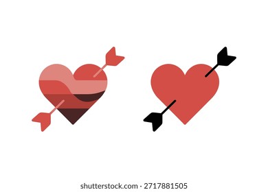 Two stylized hearts pierced by arrows, one with a multicolored gradient and the other solid red, on a white background.