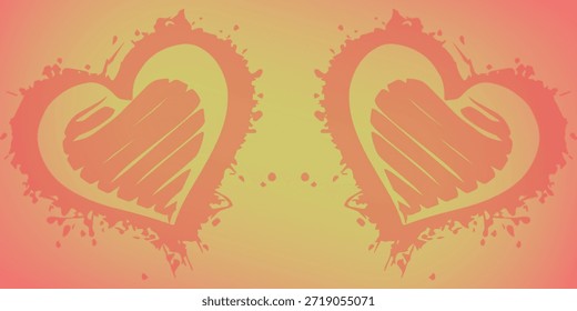 Dos corazones estilizados con una textura áspera y pintada y detalles salpicados, en un suave degradado de amarillo a rosa.