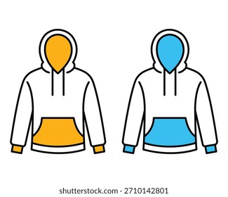 Dos sudaderas con capucha estilizadas, una naranja y otra azul, aisladas en blanco.
