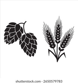 Two stylized hops and three stalks of wheat presented as simple black graphic elements.
