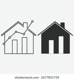 Dos iconos estilizados de la casa con gráficos de barras en el interior, uno delineado con una línea de tendencia, que representa el análisis y el crecimiento del mercado inmobiliario.