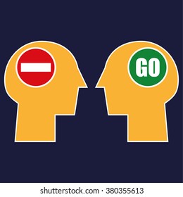 Two stylized human heads facing each other with Stop and Go traffic signs in the brain area