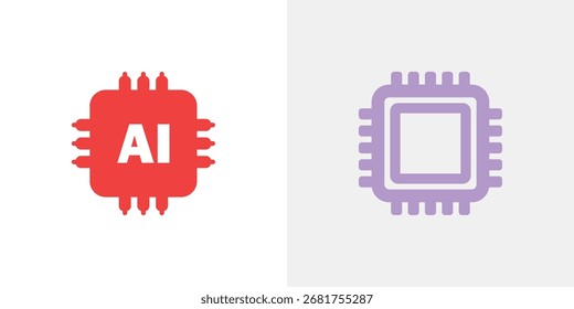 Two stylized icons of computer chips are shown side by side. One is red with 'AI' and the other is purple and blank.