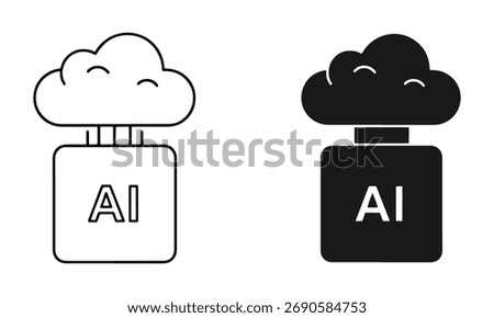 Two stylized icons depicting artificial intelligence connected to a cloud. One icon is a line drawing, the other is a solid silhouette, both featuring 'AI' text.