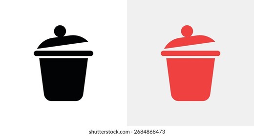 Two stylized icons of a disposable coffee cup with a lid, one black and one red, presented side by side.