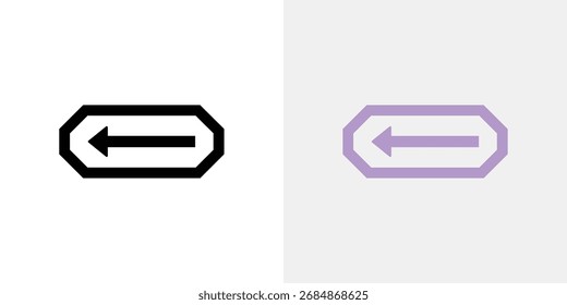Two stylized icons featuring a left-pointing arrow within an octagonal shape, one in black and the other in purple.