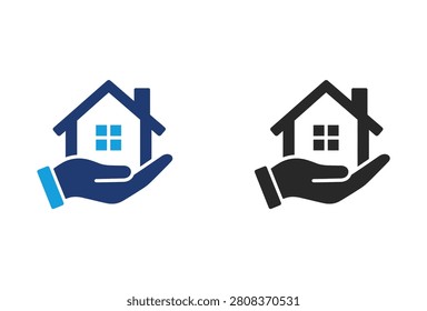 Two stylized icons of a hand holding a house, one in blue and one in black silhouette, representing real estate or home ownership.