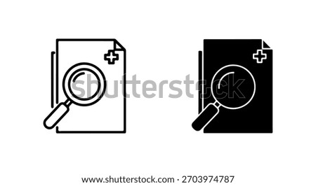Two stylized icons of a medical document with a magnifying glass and a plus sign, representing healthcare research or analysis.