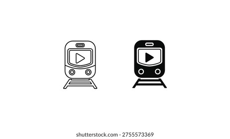 Two stylized icons of a monorail with a play button on their front display