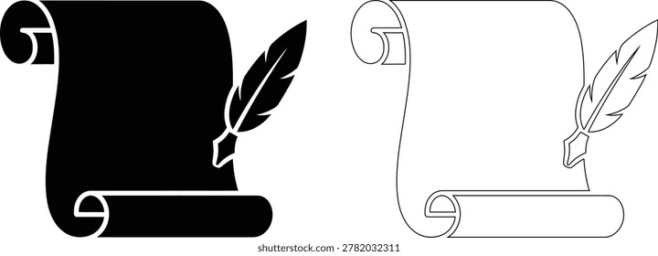 Two stylized icons of a parchment scroll with a quill pen, one in black and white outline