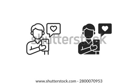 Two stylized icons of a person holding a smartphone showing a social media like button with a heart. Simple flat design for web and app use.