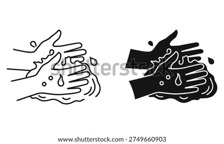Two stylized icons representing hands washing. One is a clean line drawing, the other a solid silhouette. Both show water and soap suds, emphasizing hygiene and cleanliness.