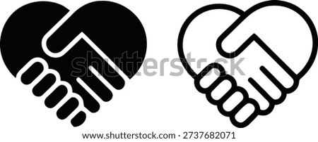 Two stylized icons representing a handshake forming a heart, symbolizing partnership, love, and connection, on a clear white background.