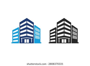 Two stylized icons representing modern office buildings, one in blue and the other in black silhouette, against a white background.