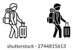 Two stylized icons representing a traveler. One is a line-art outline of a person with a backpack and rolling suitcase. The second is a solid black silhouette of the same traveler, ready for commercial use.
