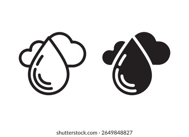 Two stylized icons representing a water drop with a cloud shape. One icon is outlined in black, and the other is solid black, both isolated on a white background.