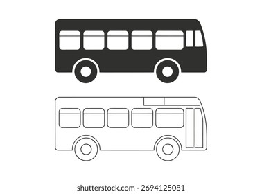 Zwei stilisierte Illustrationen eines Busses, eine durchgezogene schwarze Silhouette und die andere eine einfache Strichzeichnung.