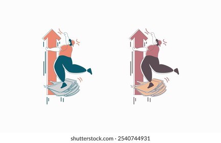Two stylized illustrations depict people standing on money stacks, reaching for arrows pointing upwards.