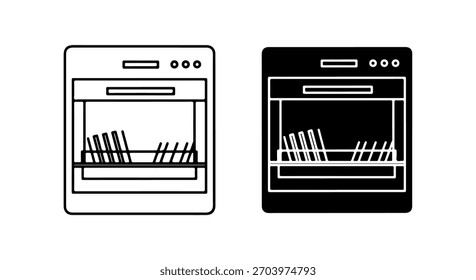 Duas ilustrações estilizadas de uma máquina de lavar louça, uma em contorno e outra em silhueta, ambas mostrando racks cheios de pratos.