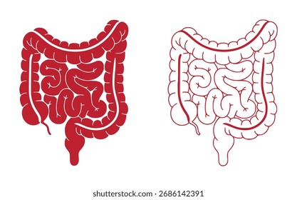 Two stylized illustrations of human intestines, one solid red and one outlined in red, against a white background.