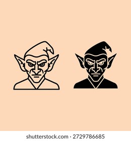 Two stylized illustrations of mythical goblin faces with pointed ears and fierce expressions one in black and white and the other in sepia tones isolated on a neutral background