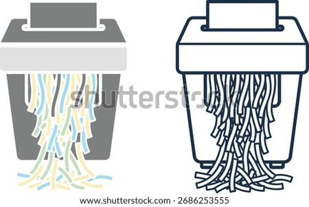 Two stylized illustrations of paper shredders. One is in color with shredded paper falling out, the other is a dark outline with blue shredded paper.