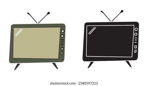 Two stylized illustrations of vintage televisions, one in a muted olive green and the other in solid black