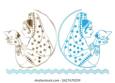 Two stylized illustrations of women in traditional Indian attire, holding conch shells.
